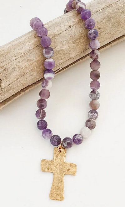 Virtue Gemstone Hammered Cross Necklace