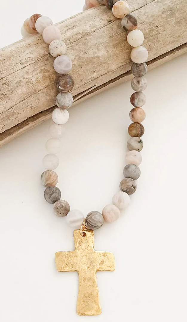 Virtue Gemstone Hammered Cross Necklace