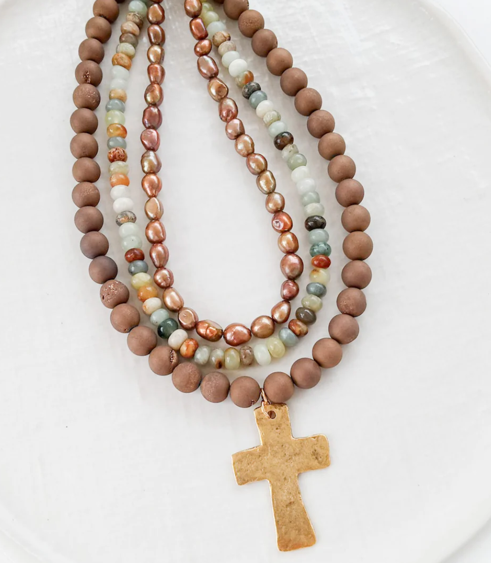 Virtue Gemstone Hammered Cross Necklace