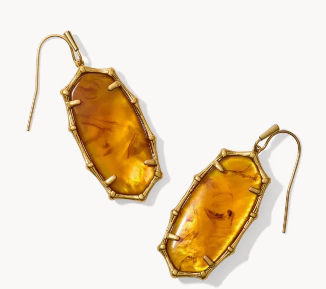 Kendra Scott Elle Vintage Gold Bamboo Frame Drop Earrings in Marbled Amber Illusion