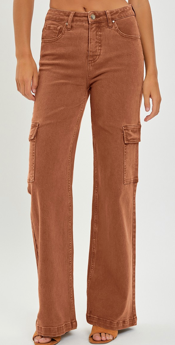 RISEN Espresso High Rise Wide Leg Cargo Pants