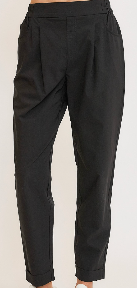 Black Stretch Tapered Pants with Rolled Cuffs