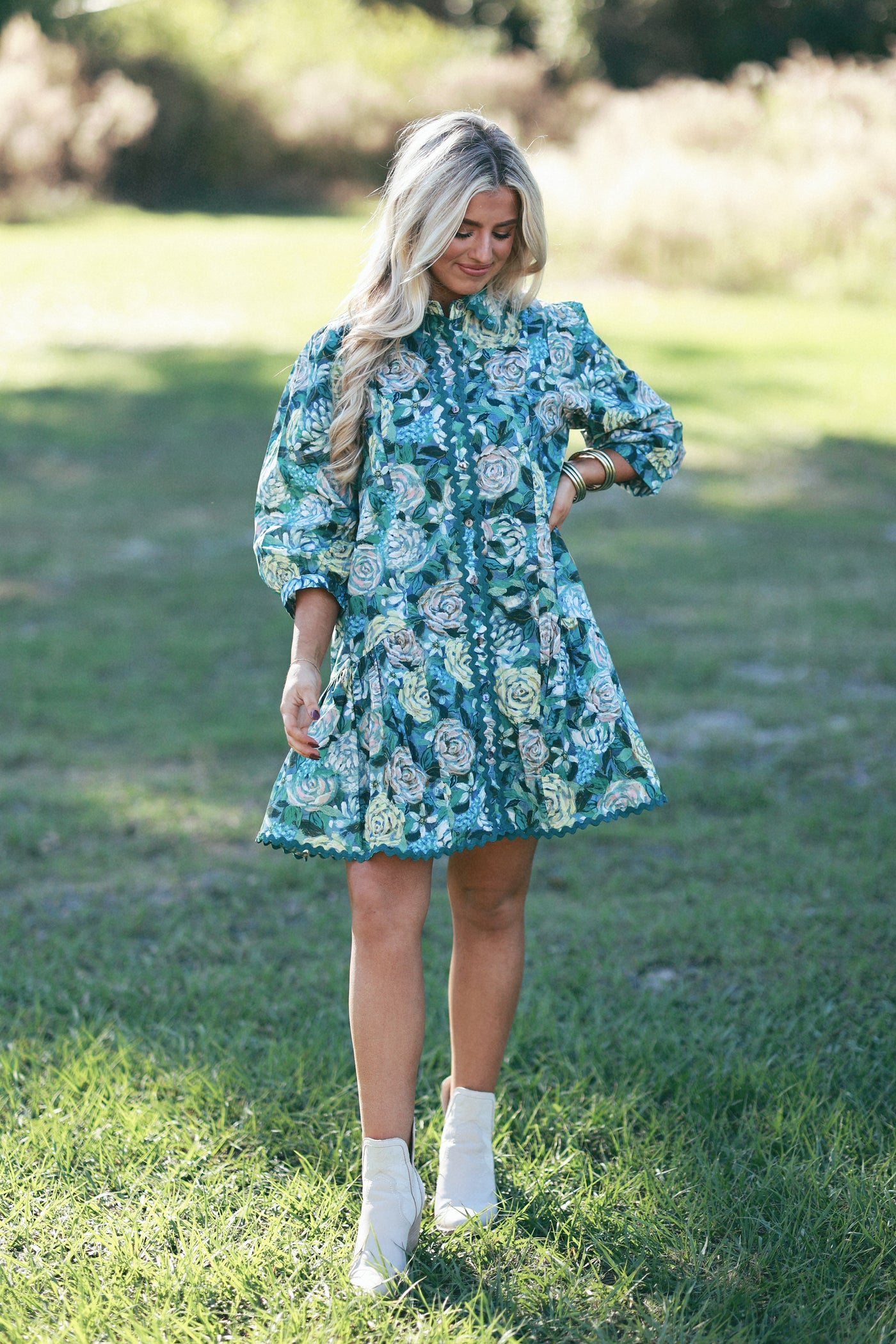 Teal Green Floral Ric Rac Trim Button Down Dress