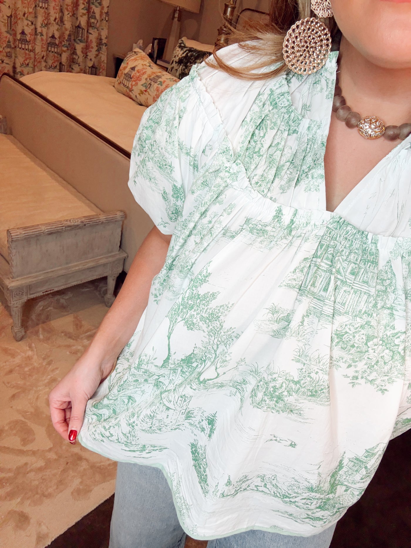 Sea Green Puff Sleeve Printed Blouse