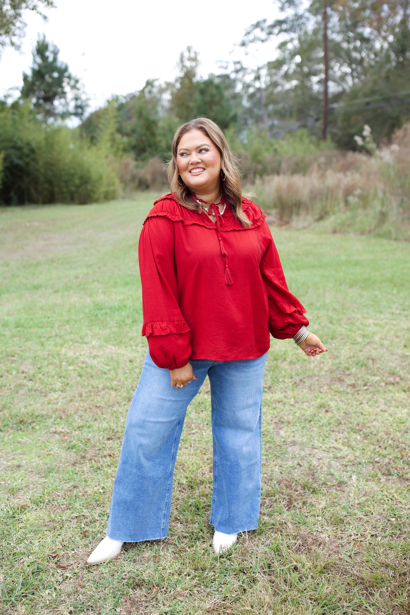 Red Notch Neck Balloon Sleeve Top