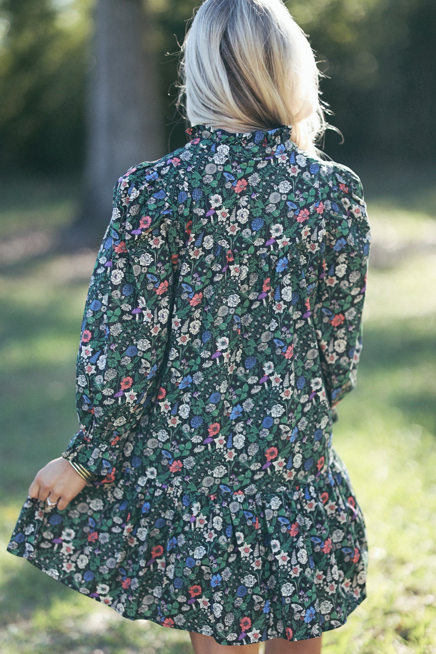 Black Floral 3/4 Sleeve Button Detail Dress