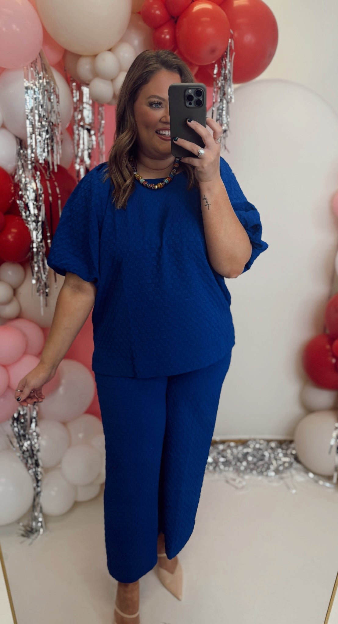 Royal Blue Textured Puff Sleeve Top and Pant Set