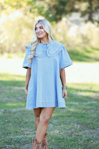 Light Denim Oversized Collar Mini Dress