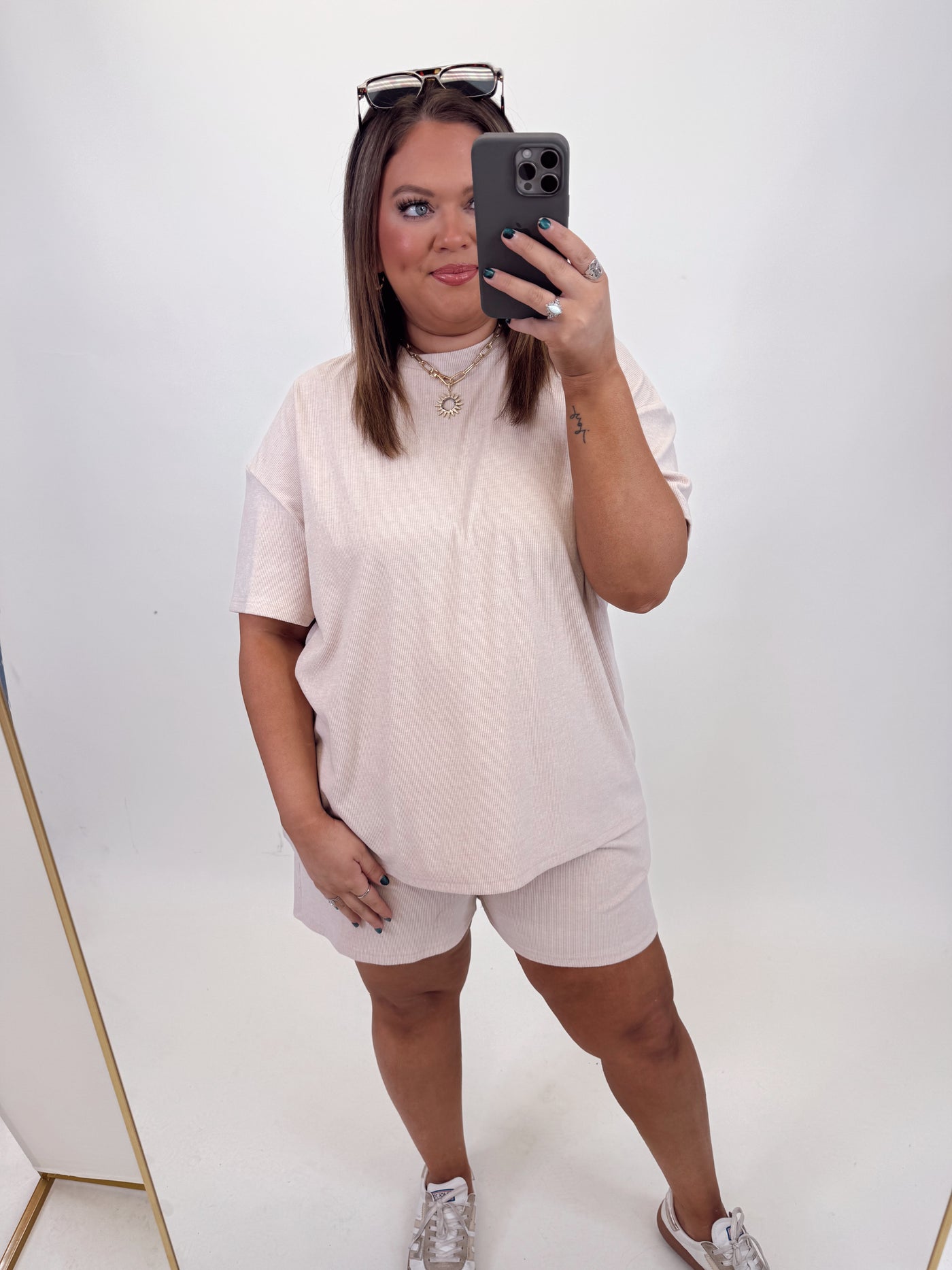 Taupe Oversized Top and Elastic Waist Short Set