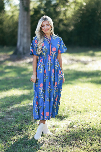 Royal Blue Antique Floral Mandarin Collar Midi Dress