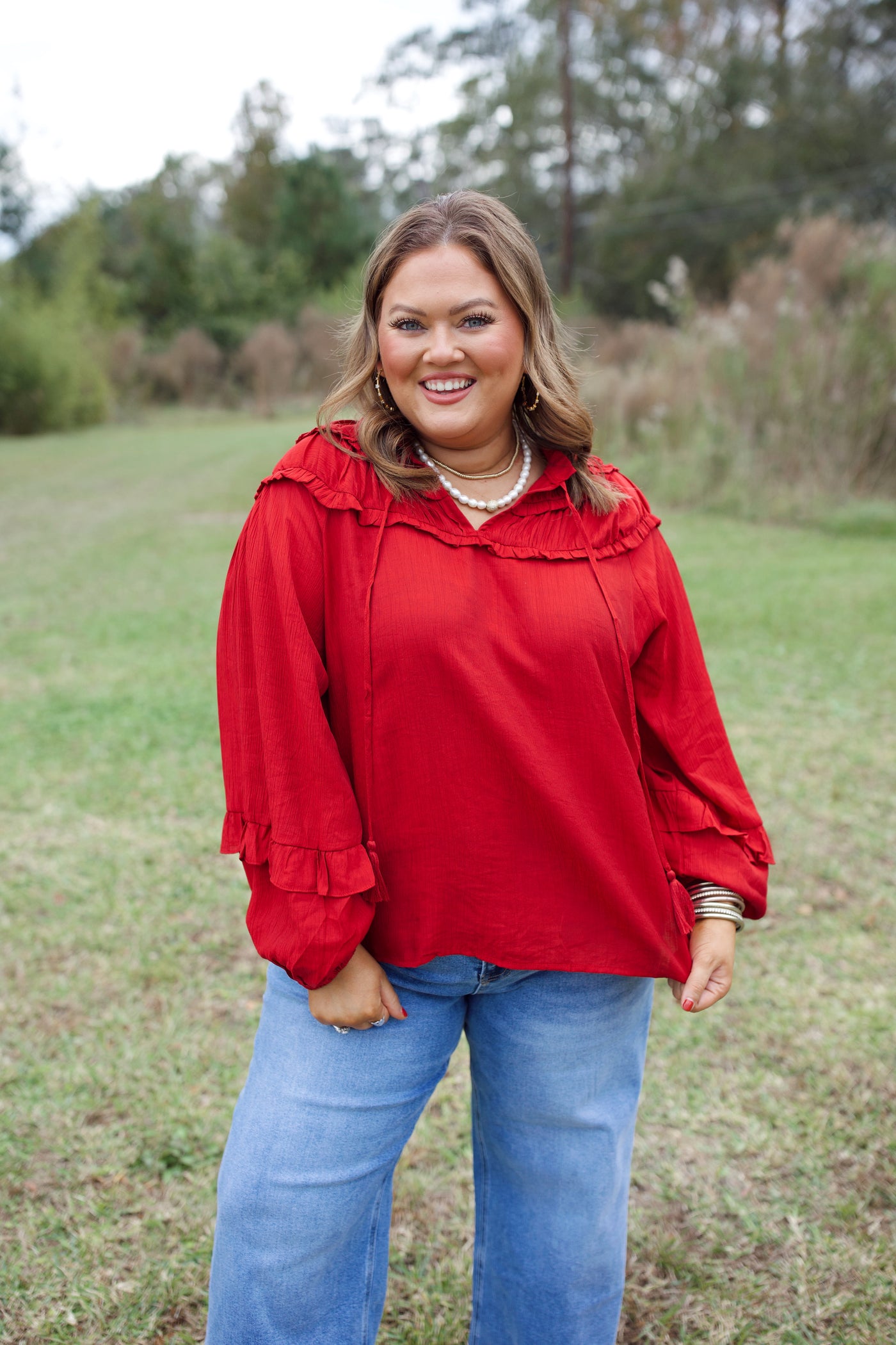 Red Notch Neck Balloon Sleeve Top