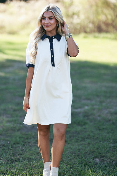 Cream Multi Collared Button Detail Textured Dress