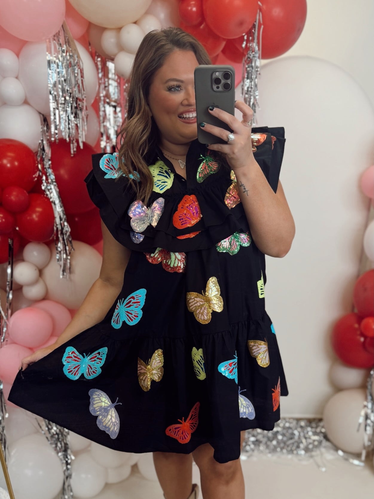 Queen of Sparkles Black Multi Butterfly Cotton Ruffle Dress