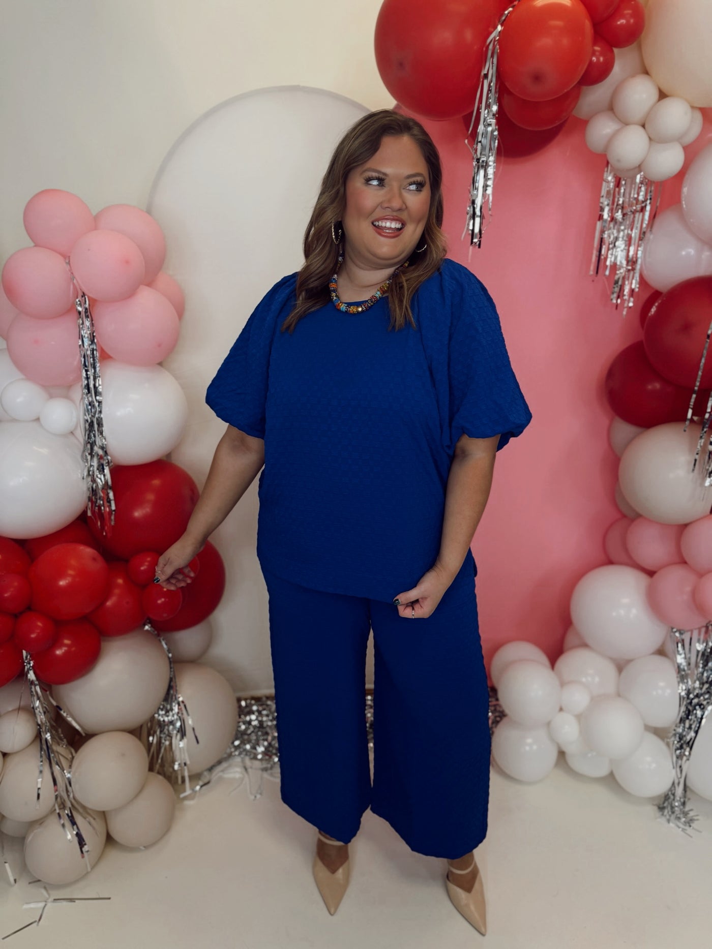 Royal Blue Textured Puff Sleeve Top and Pant Set