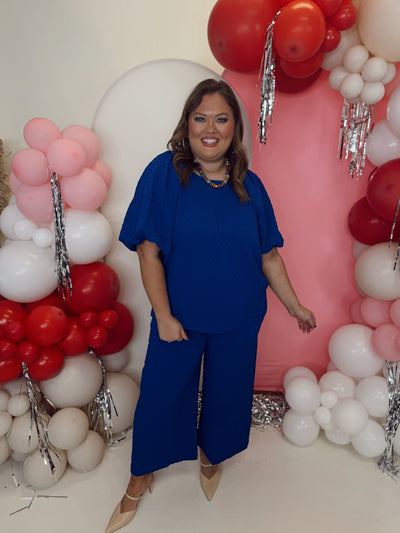 Royal Blue Textured Puff Sleeve Top and Pant Set