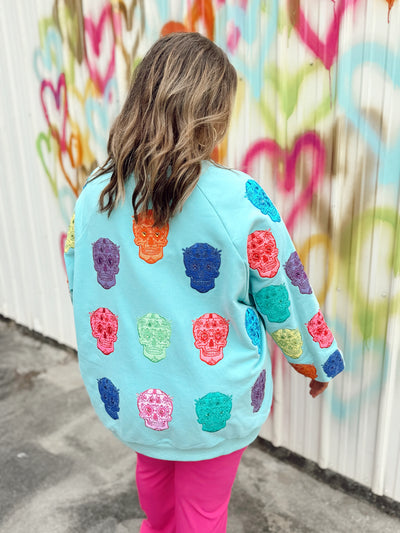 Queen of Sparkles Light Blue Multi Color Sugar Skull Sweatshirt