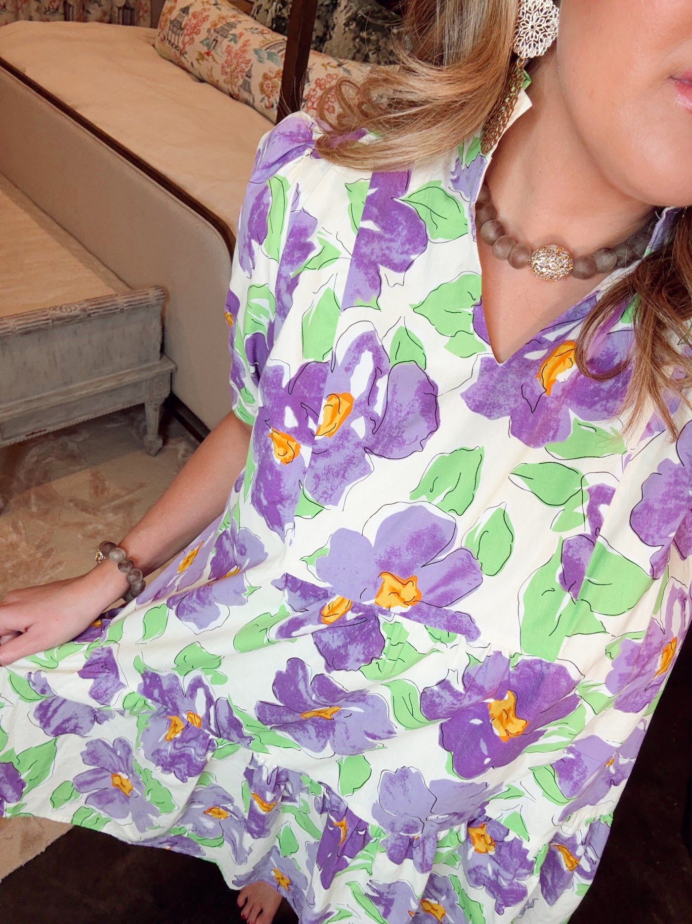 Purple Multi Floral Puff Sleeve V-Neck Dress