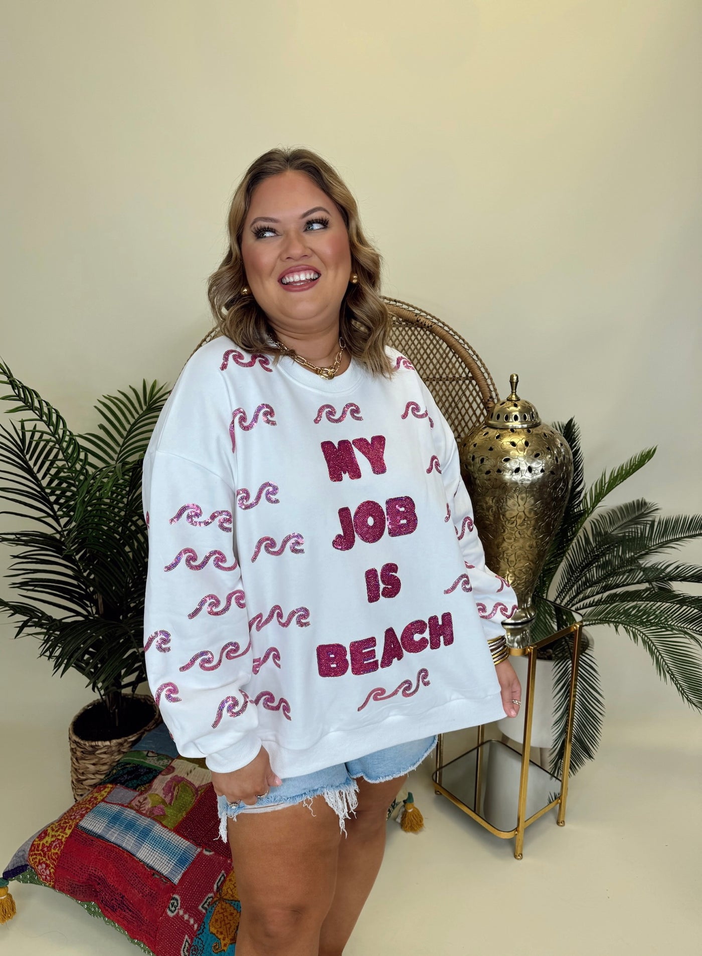 Queen of Sparkles White My Job Is Beach Sweatshirt