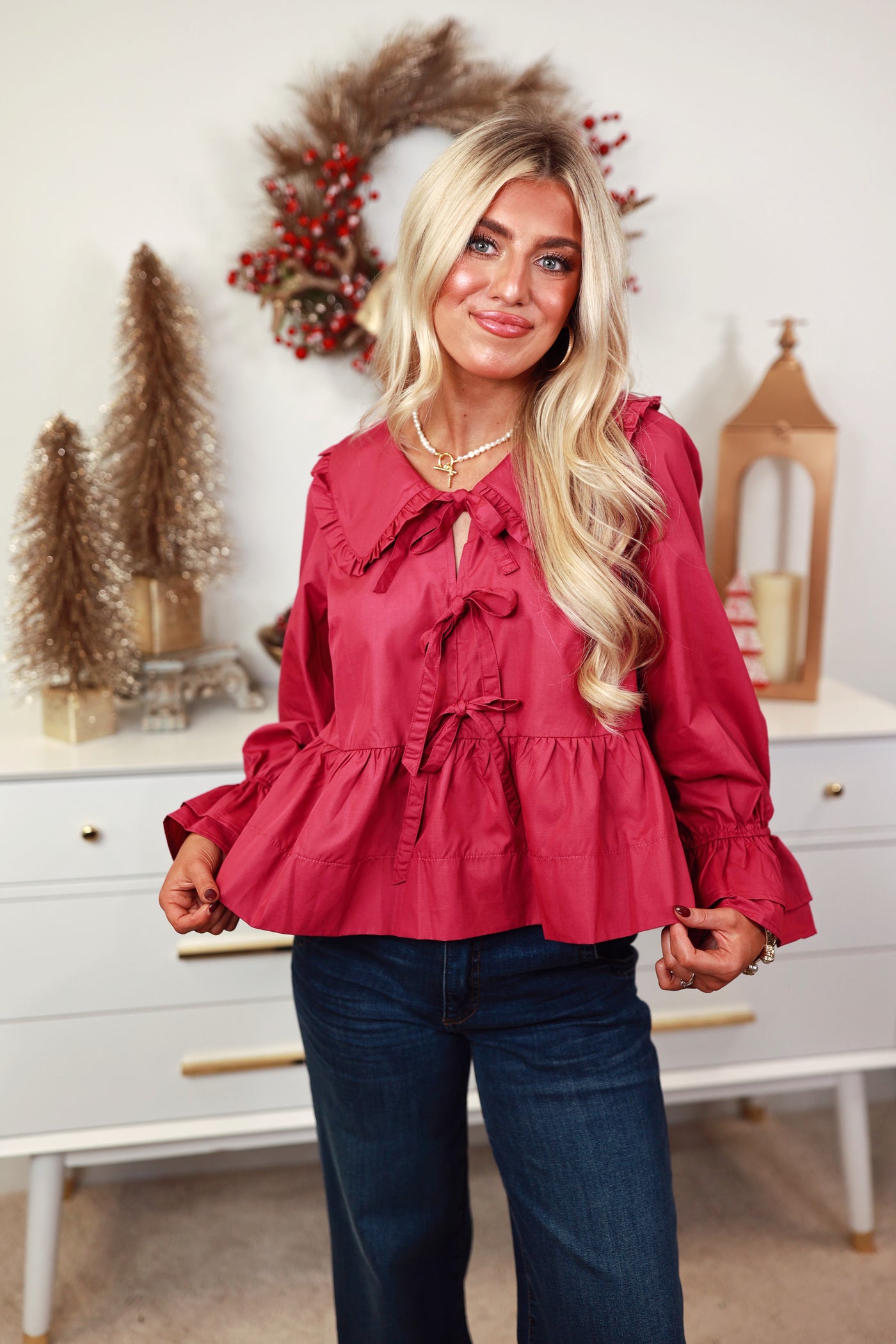 Magenta 3/4 Sleeve Bow Detail Collared Top