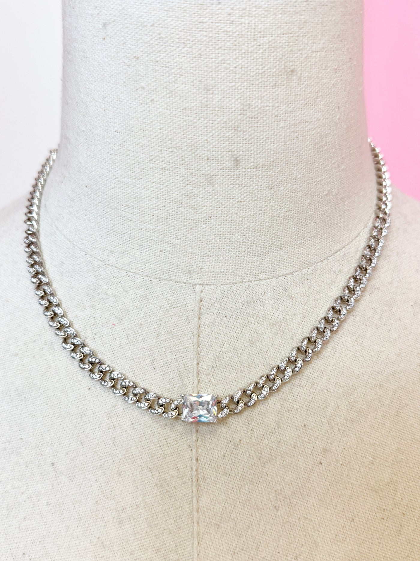 Gemelli Silver Pave Link Rectangle Necklace