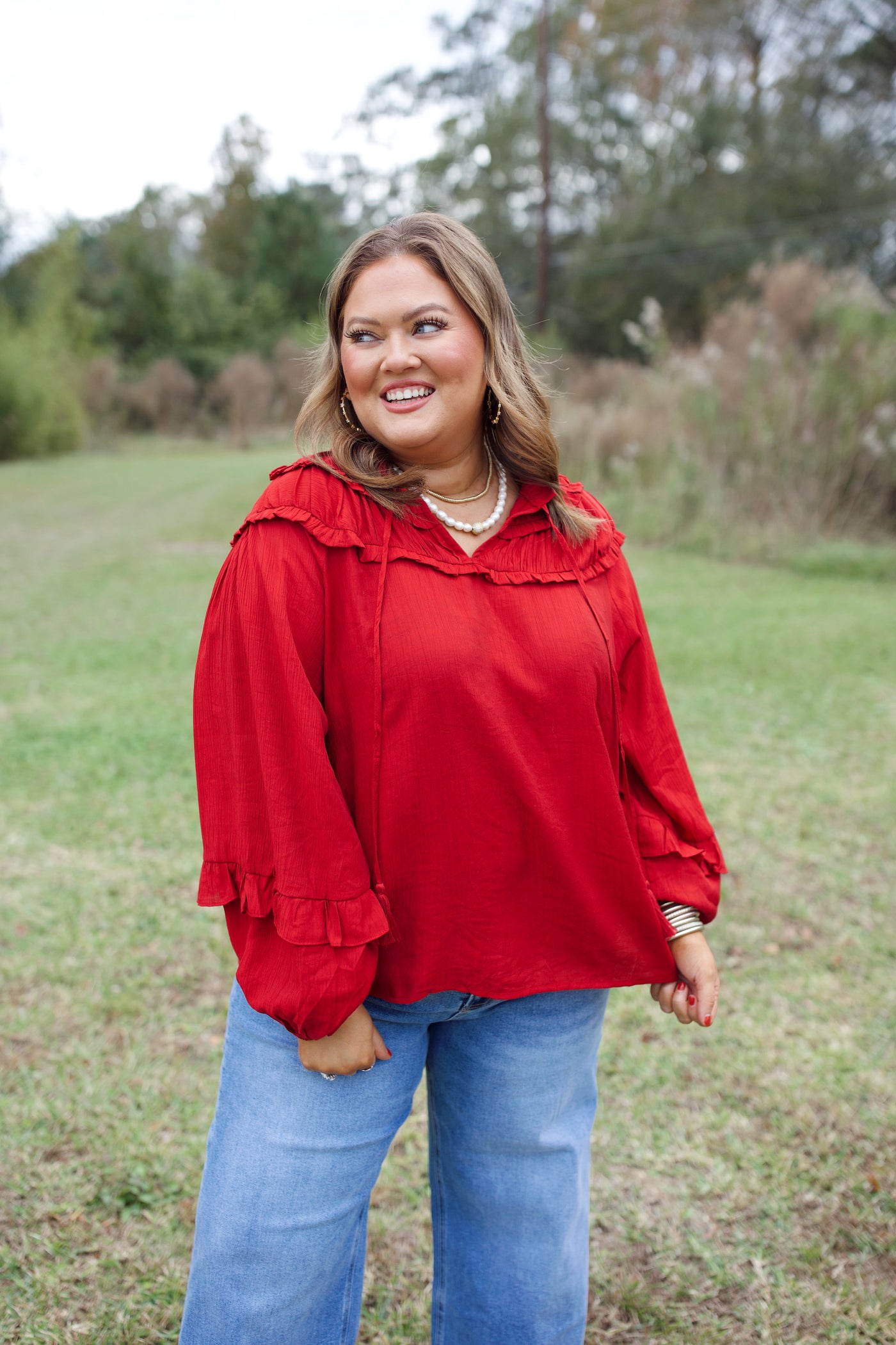 Red Notch Neck Balloon Sleeve Top