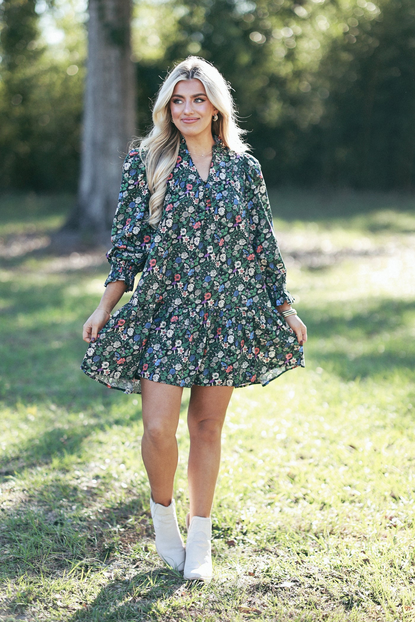 Black Floral 3/4 Sleeve Button Detail Dress