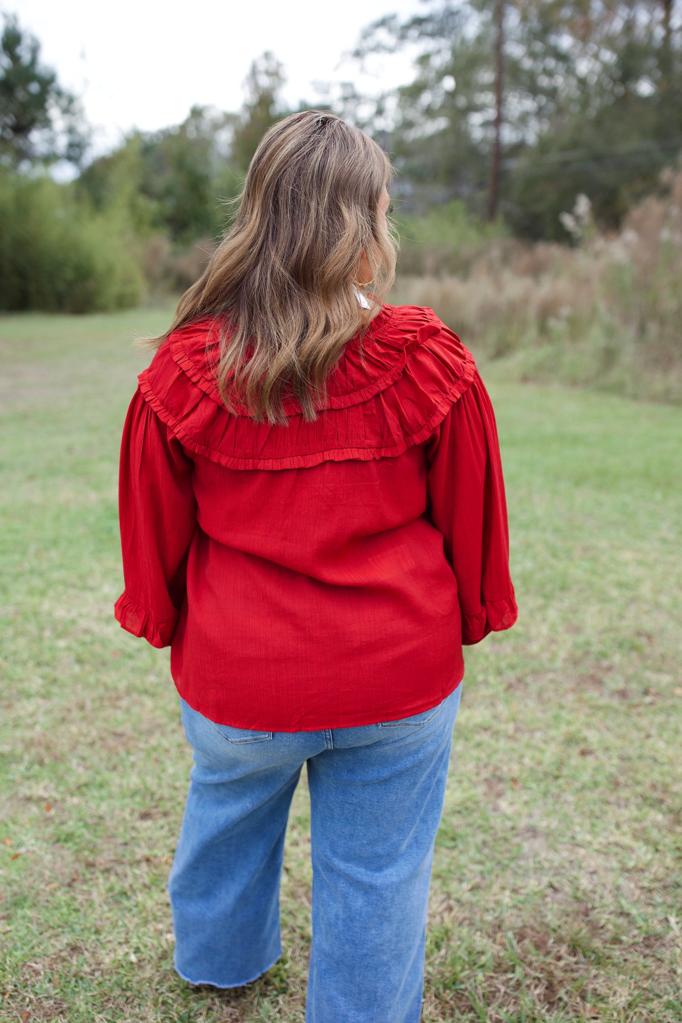 Red Notch Neck Balloon Sleeve Top