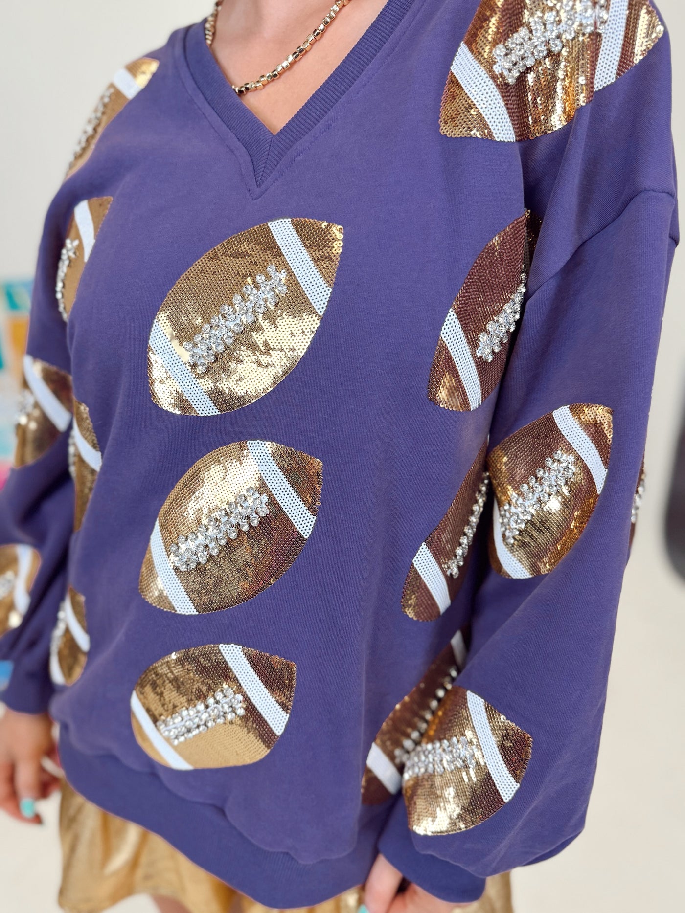 Queen of Sparkles Purple & Gold Rhinestone Lace Football Sweatshirt