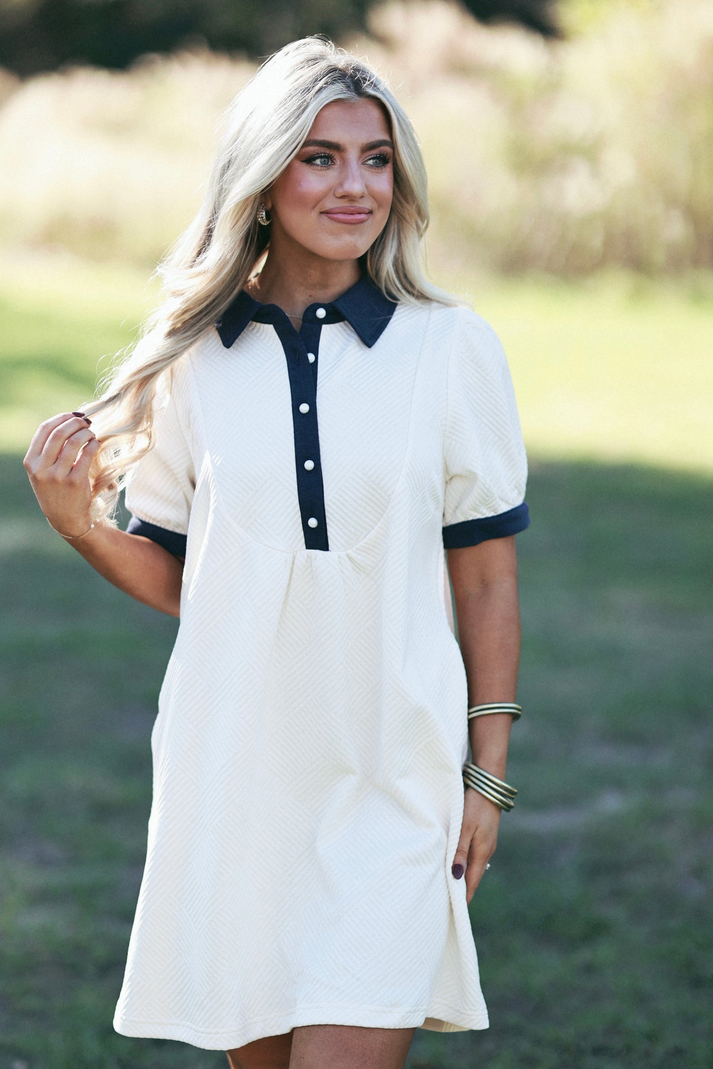 Cream Multi Collared Button Detail Textured Dress