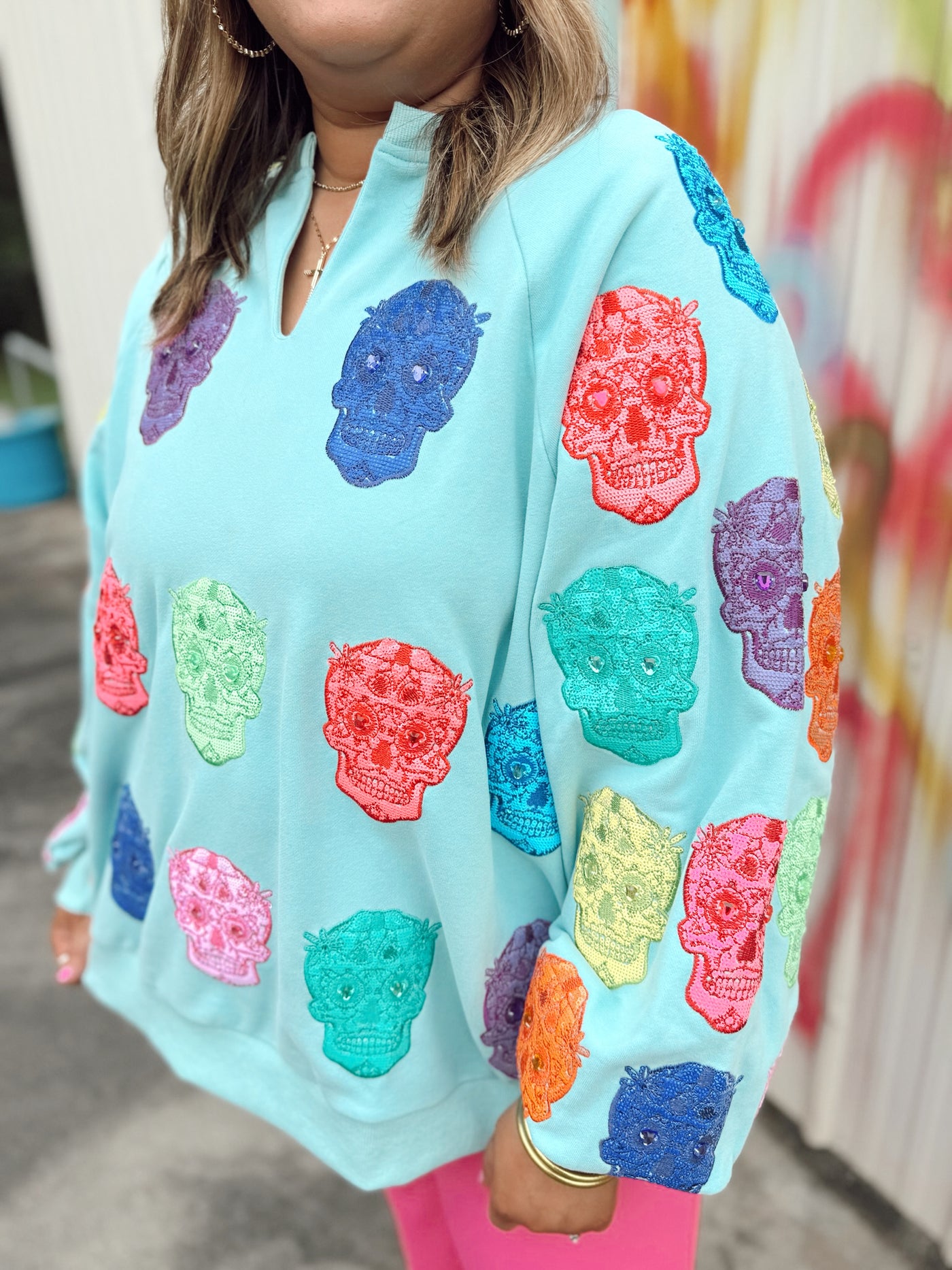 Queen of Sparkles Light Blue Multi Color Sugar Skull Sweatshirt