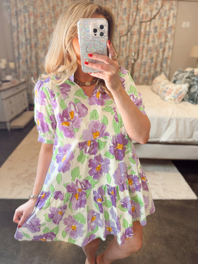 Purple Multi Floral Puff Sleeve V-Neck Dress