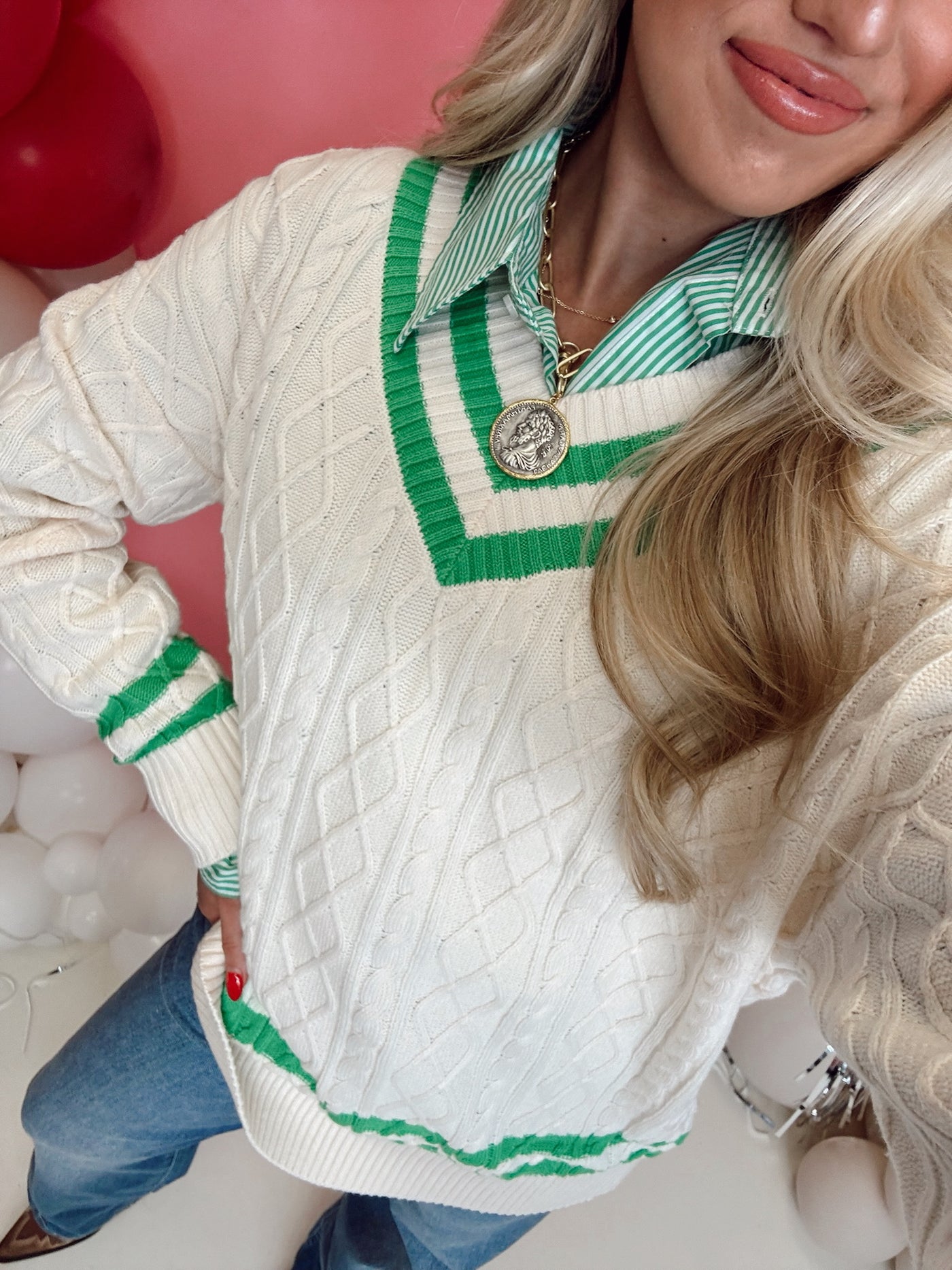 Cream and Green Cable Knit V-Neck Sweater