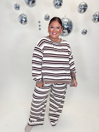 Brown and Cream Mixed Stripe Pullover and Wide Leg Pant Set