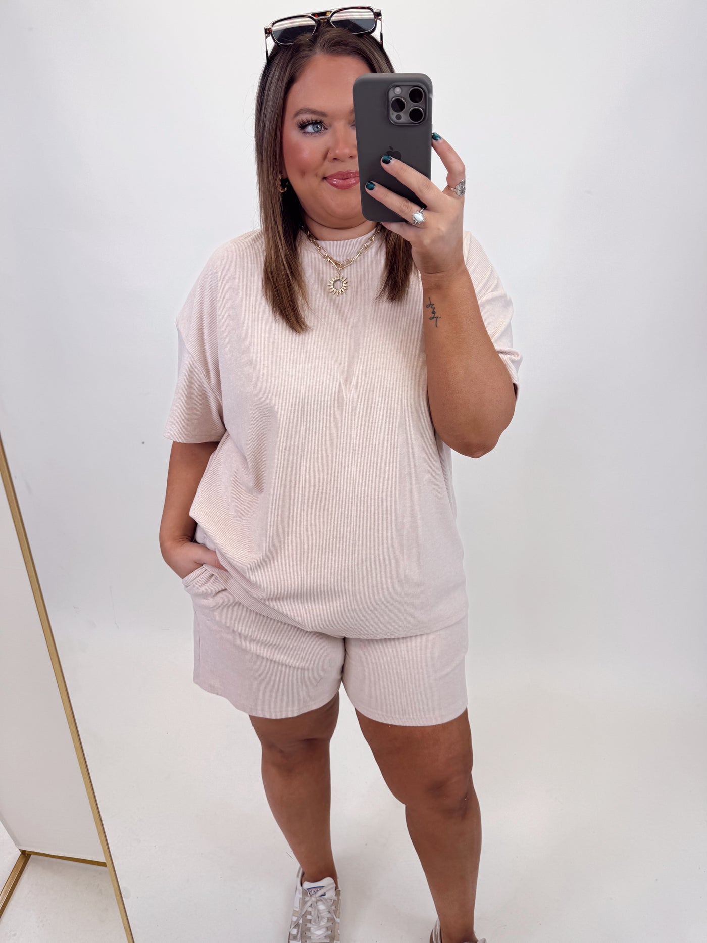 Taupe Oversized Top and Elastic Waist Short Set