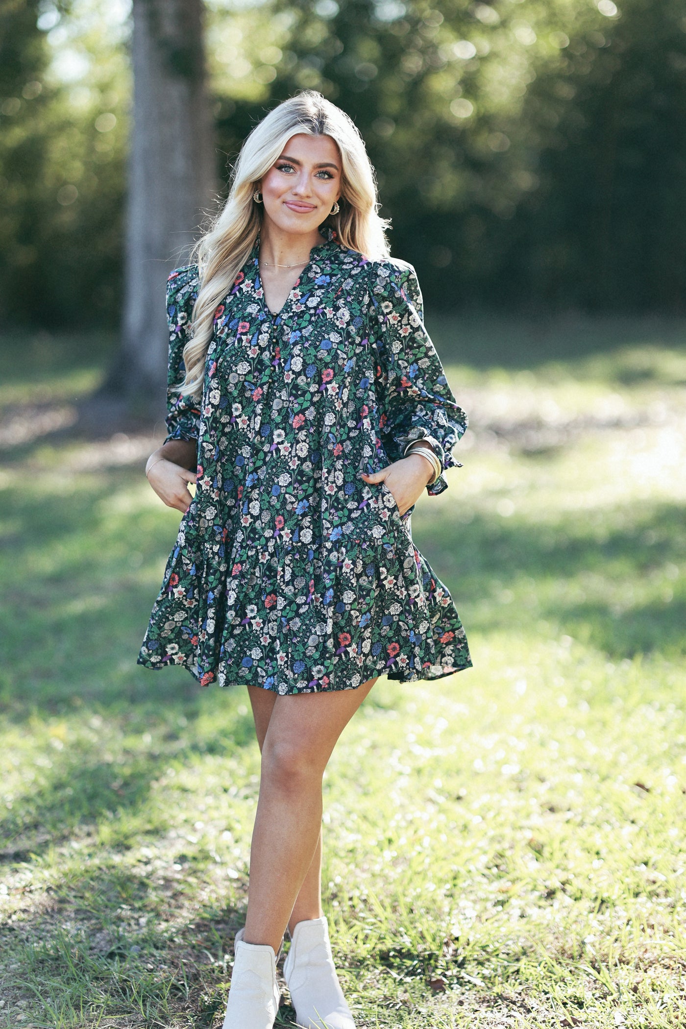 Black Floral 3/4 Sleeve Button Detail Dress