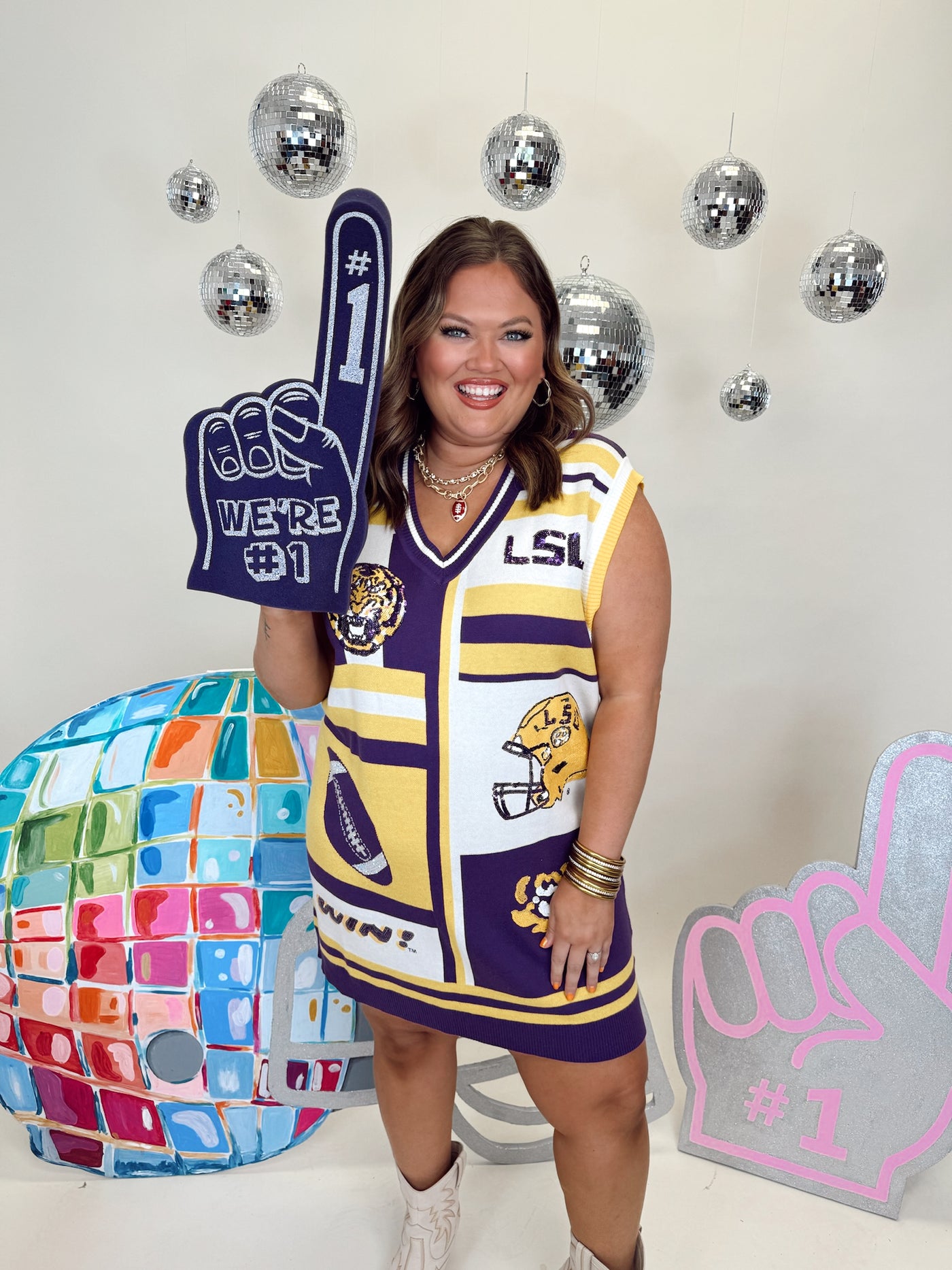 Queen of Sparkles White, Purple, & Gold LSU Icon Cardigan Tank Dress