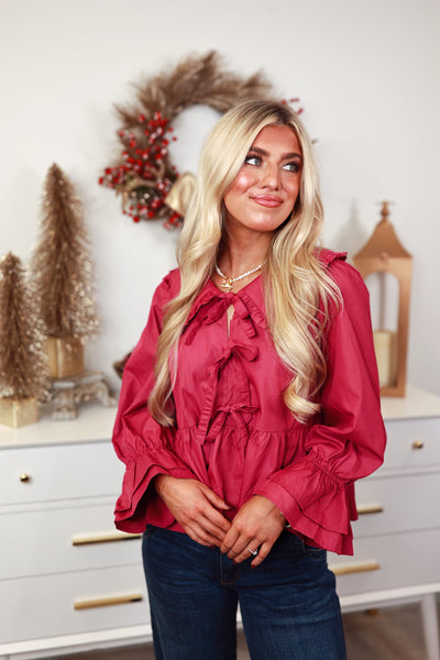 Magenta 3/4 Sleeve Bow Detail Collared Top