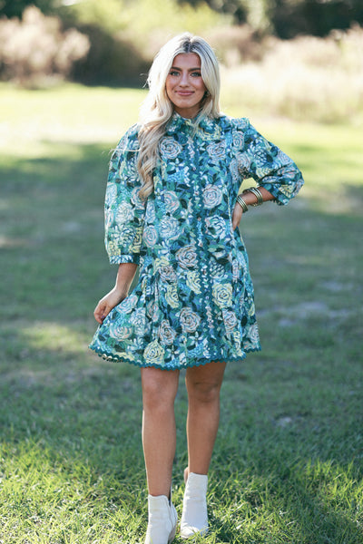 Teal Green Floral Ric Rac Trim Button Down Dress