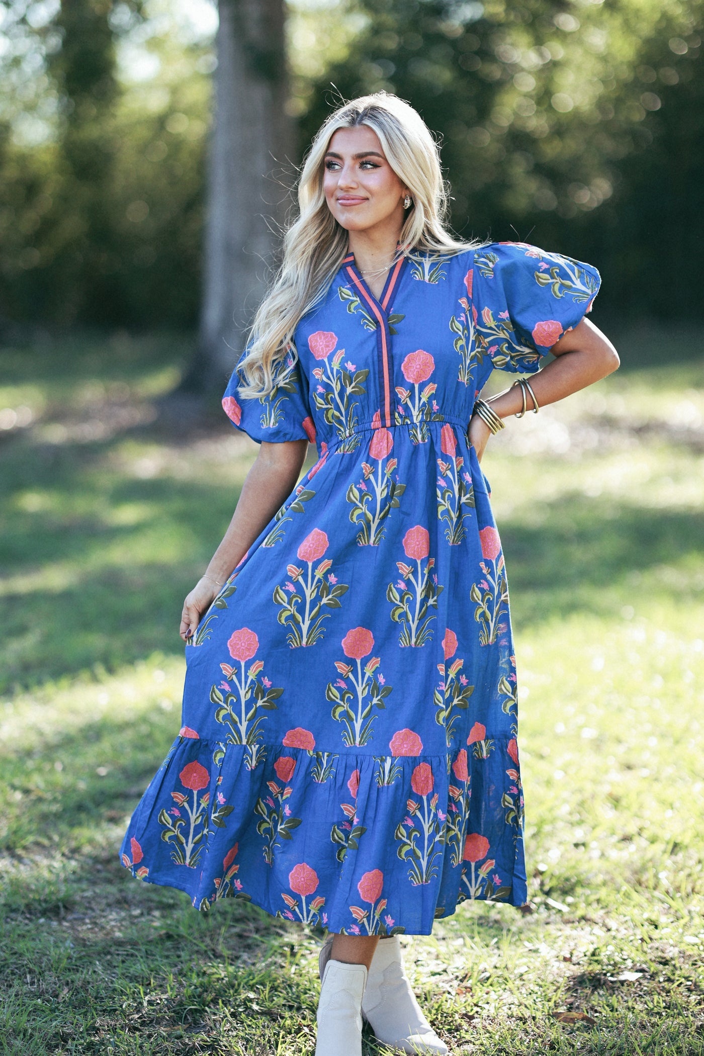 Royal Blue Antique Floral Mandarin Collar Midi Dress