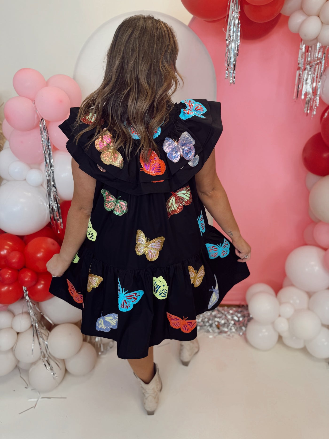 Queen of Sparkles Black Multi Butterfly Cotton Ruffle Dress