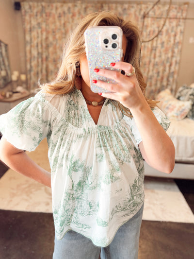 Sea Green Puff Sleeve Printed Blouse