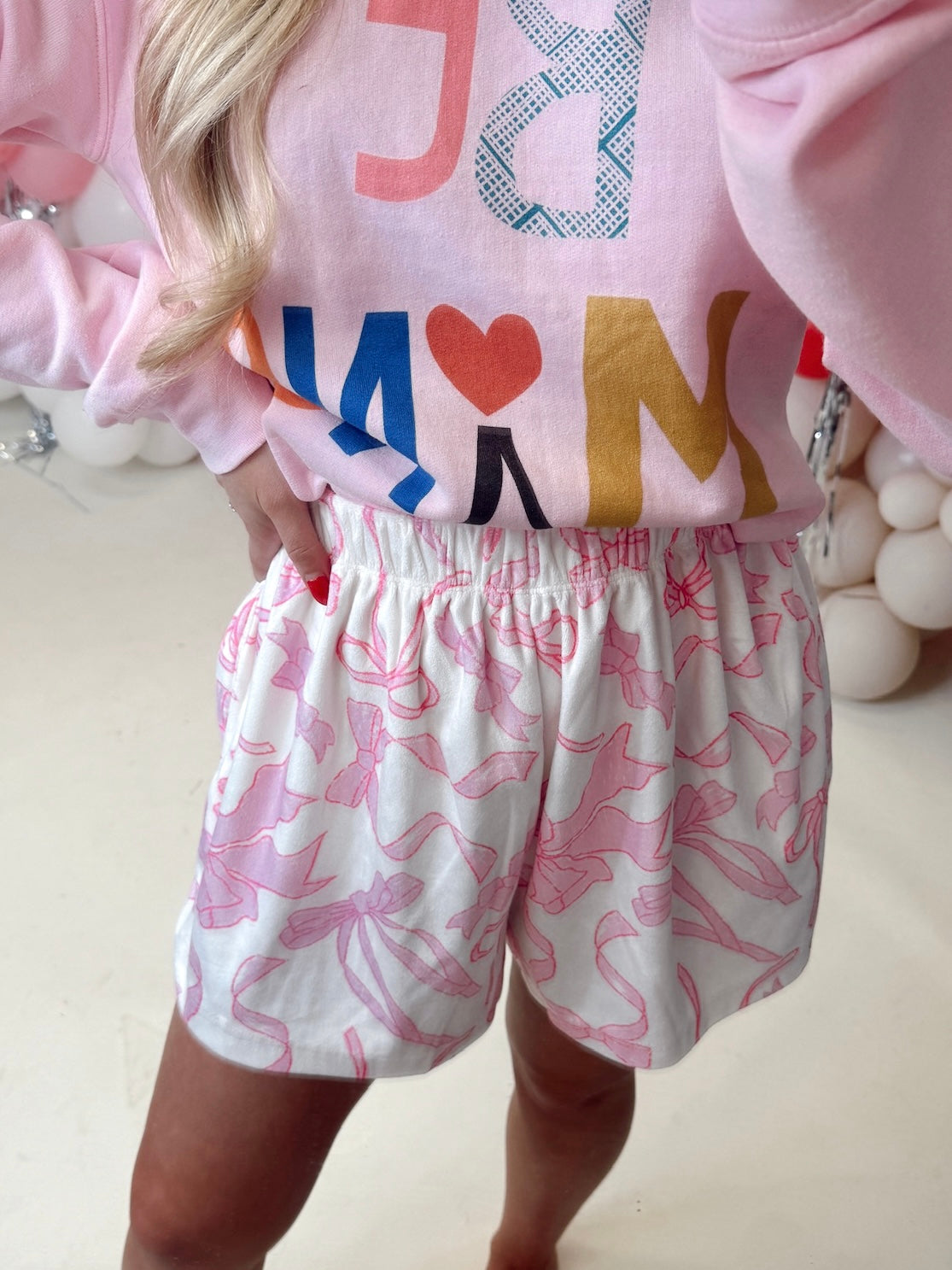 White and Pink Multi Bow Elastic Waist Shorts