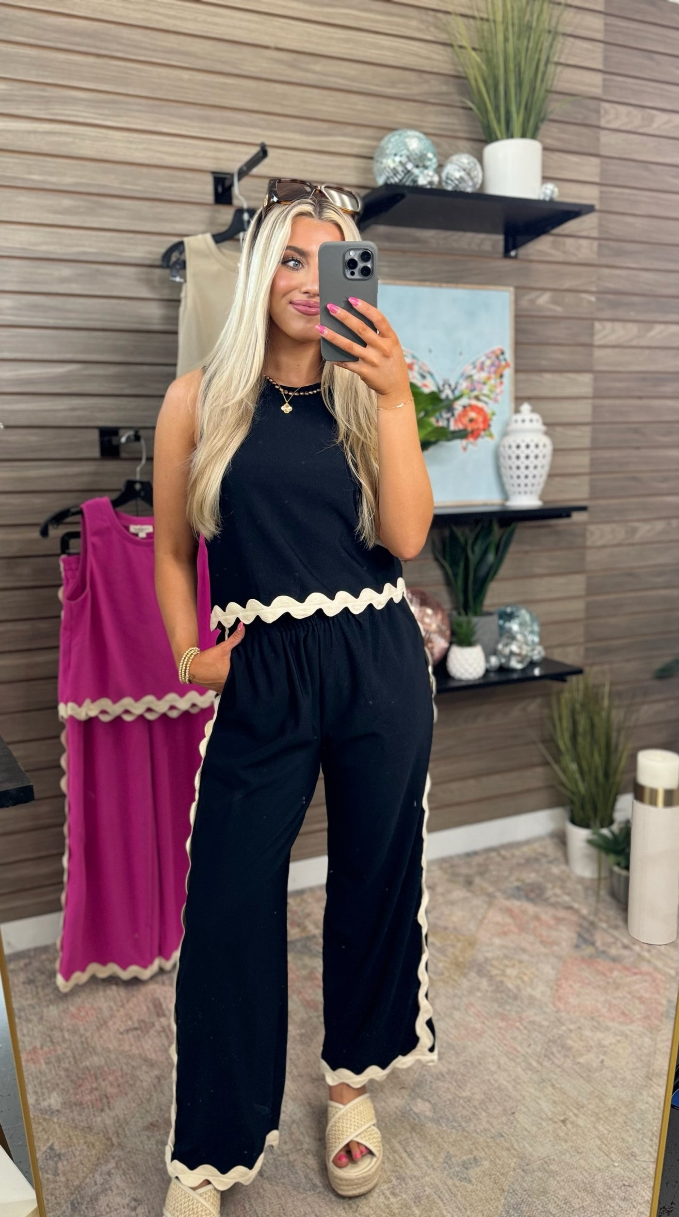 Black Sleeveless Ric Rac Top and Wide Leg Pant Set