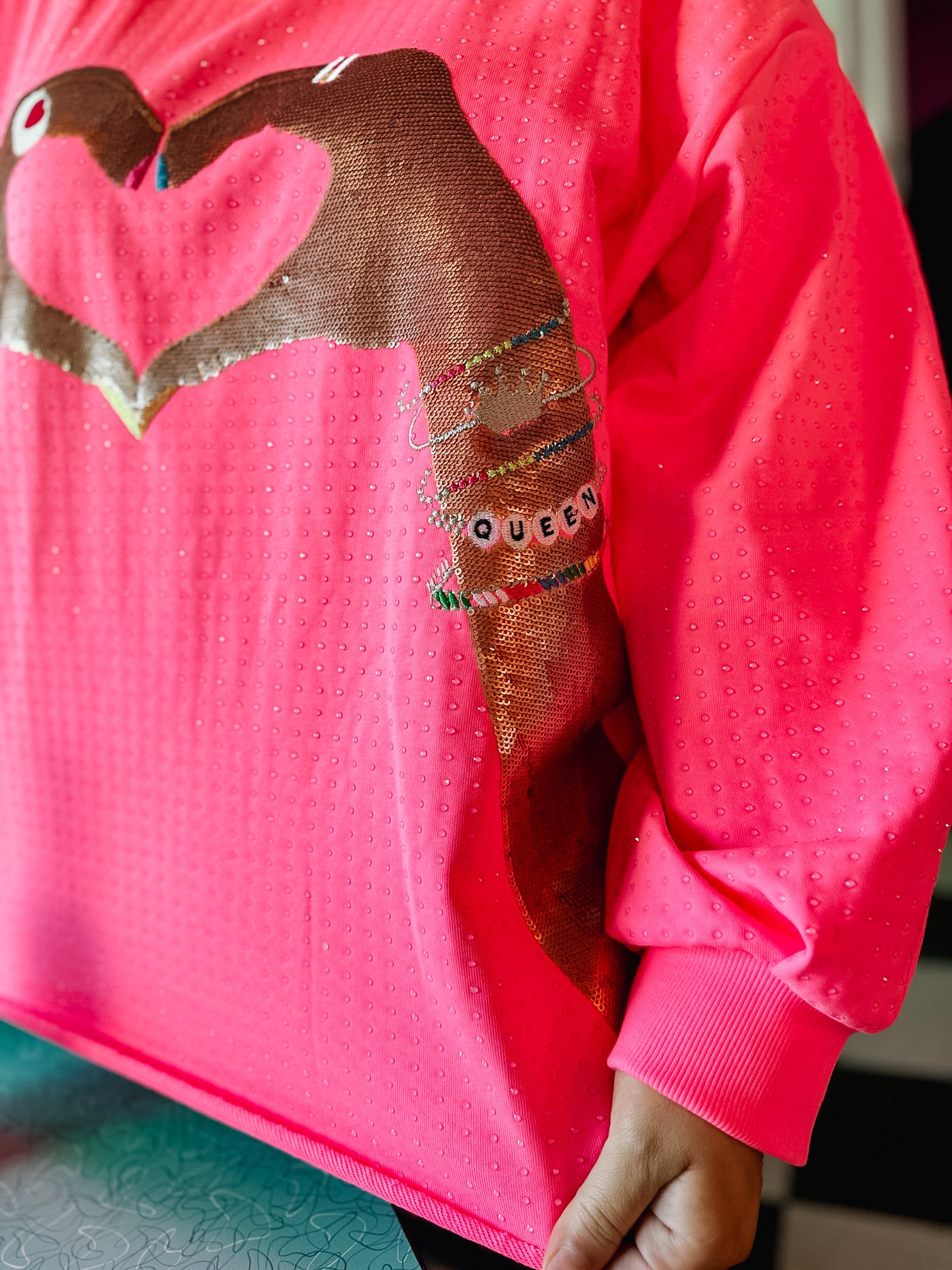 Queen Of Sparkles Neon Pink Heart Hand Sweatshirt