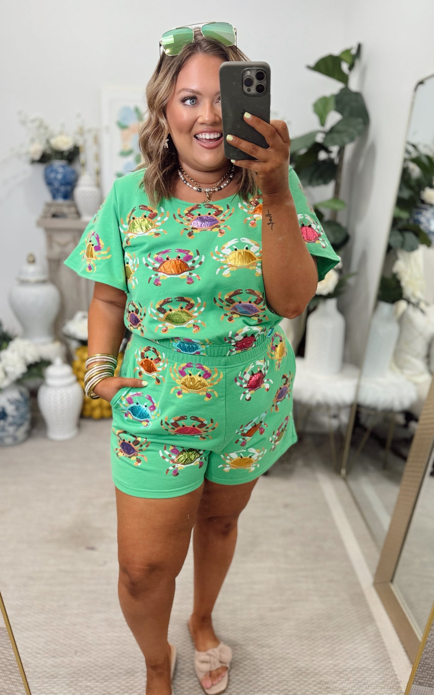 Queen of Sparkles Green Multi Crab Short