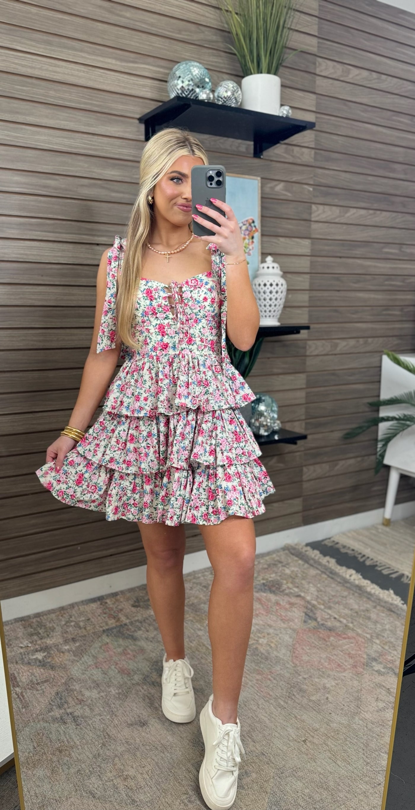 Cream Floral Tie Shoulder Tiered Corset Dress