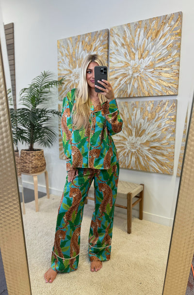 Teal Multi Satin Cheetah Pajama Set