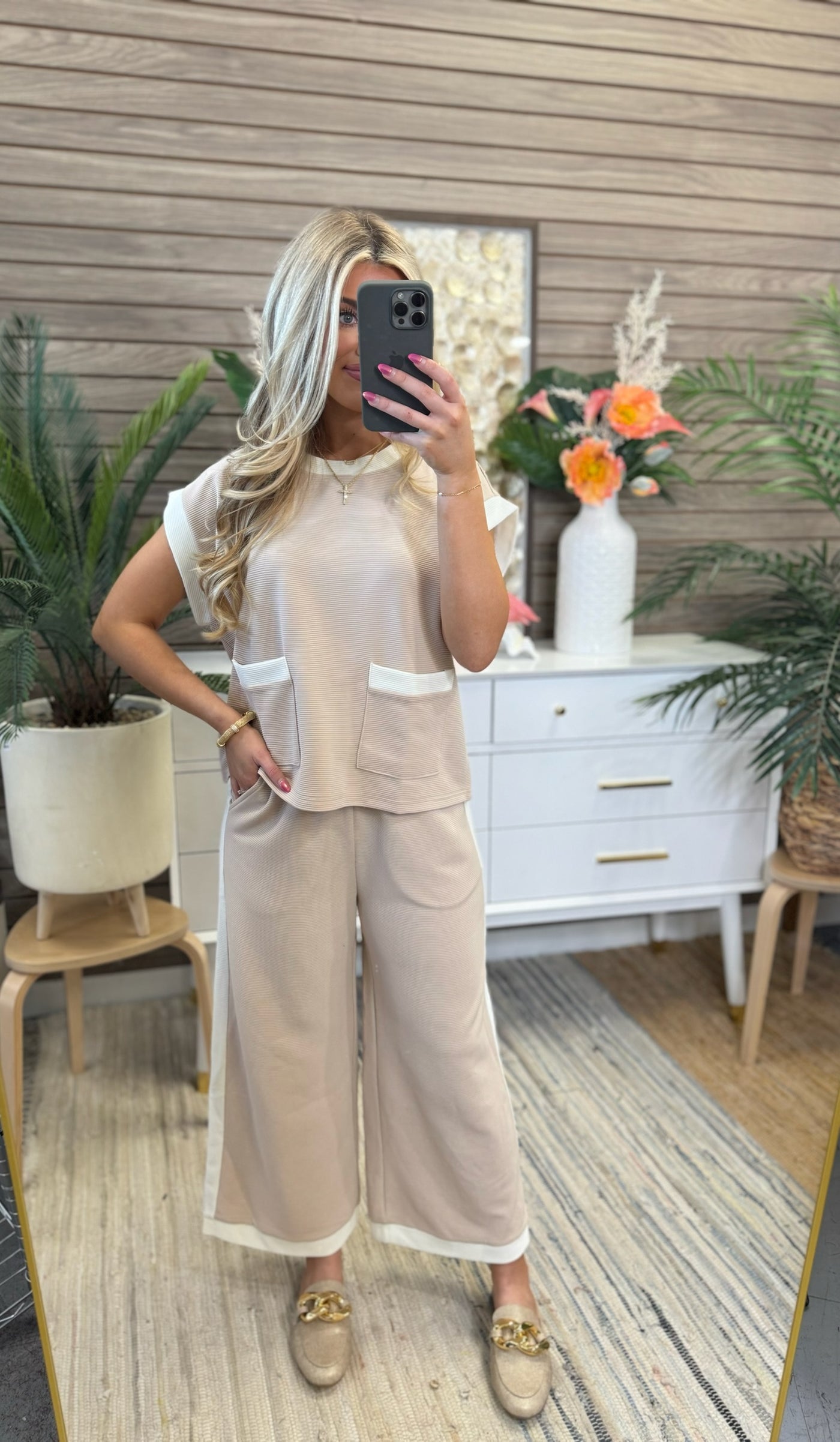 Light Taupe Cap Sleeve Top and Pant Set