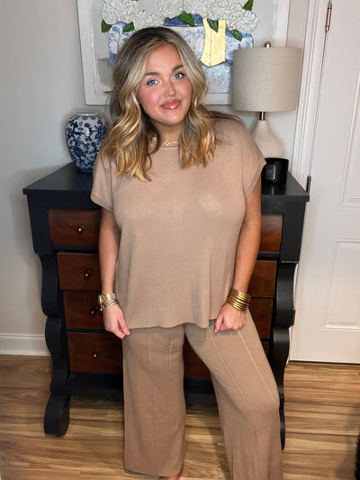 Mocha Round Neck Knit Top and Ribbed Pant Set