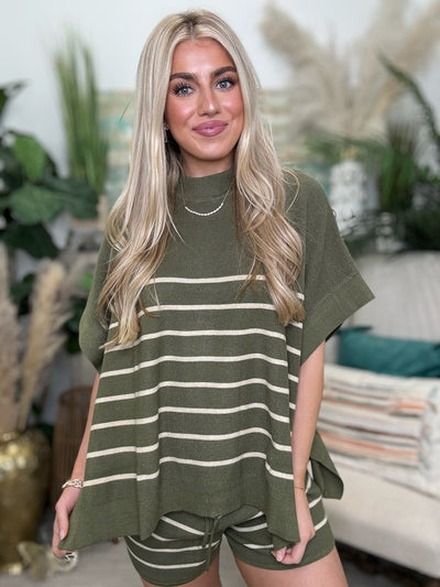 Olive Striped Oversized Top and Short Set